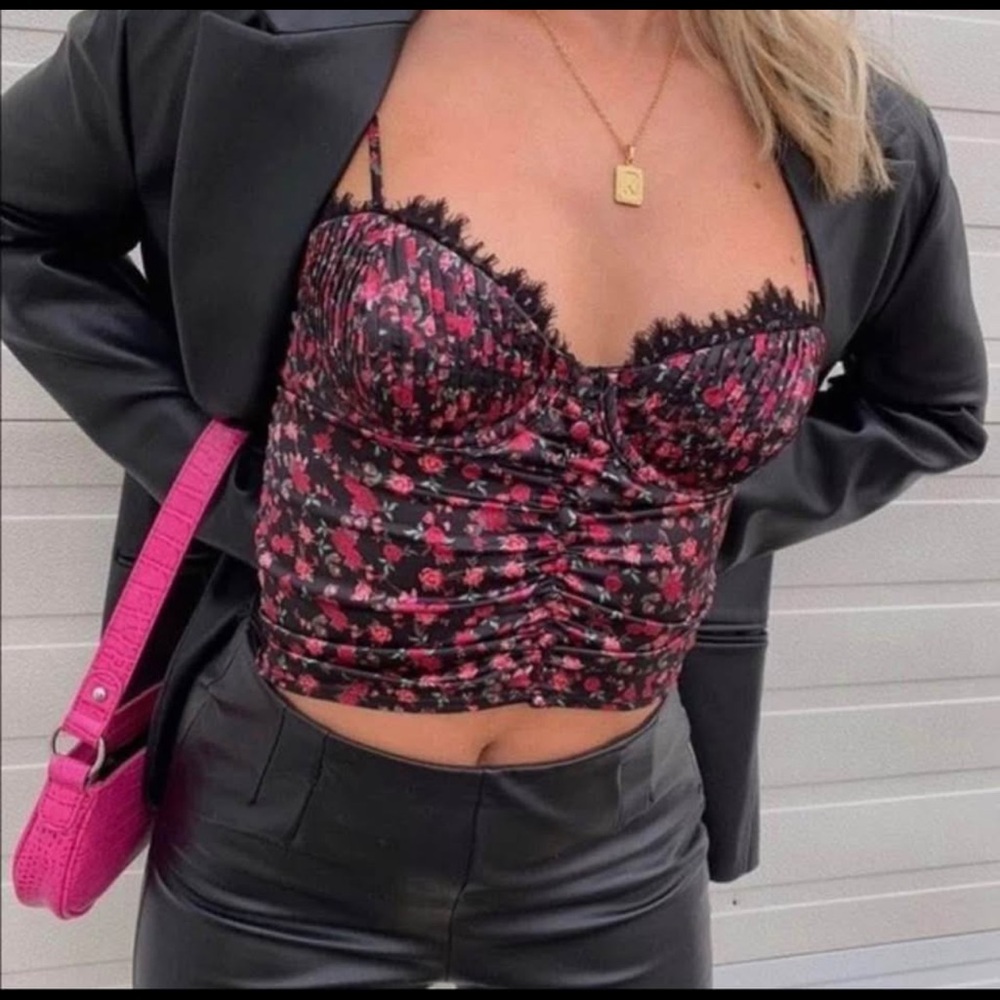 For Love & Lemons Black Floral Lace-Trim Bustier Camisole